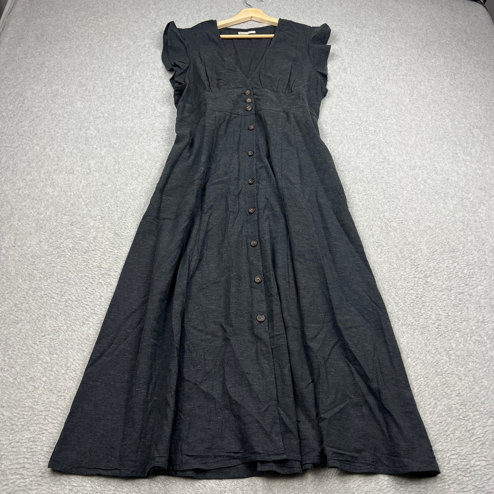 Marine Layer Camila Midi Dress Womens XL Gray Ruffle Sleeve Button Front Hemp